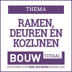 Poster-style banner showing the theme 'Ramen, Deuren en Kozijnen' with a 'Thema' label and a 'Bouw Totaal' logo.