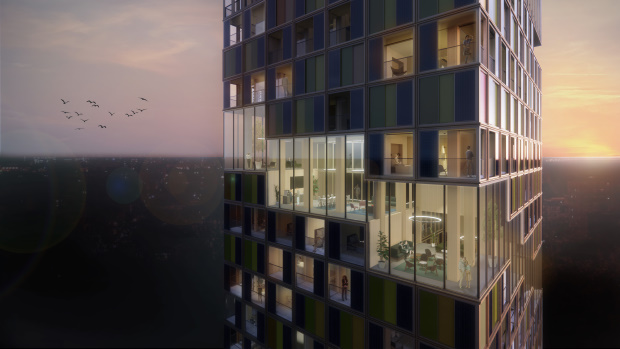 Render van het Energiehotel in de avond