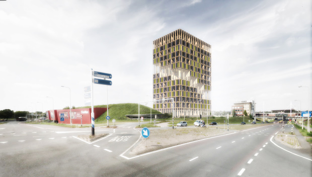 Render van het Energiehotel gezien vanaf de busbaan