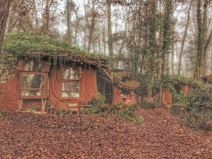 een houten hut in het bos