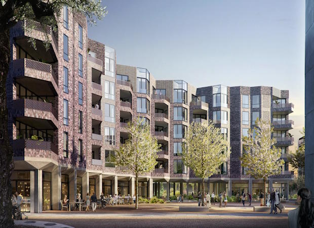 WebBT0924PrefabVandersanden3 | BouwTotaal De harmonicagevel met horizontale ribben en verticale en horizontale steenstrips. Daarnaast zie je in de gevel van de bovenste verdieping een zaagtandreliëf.