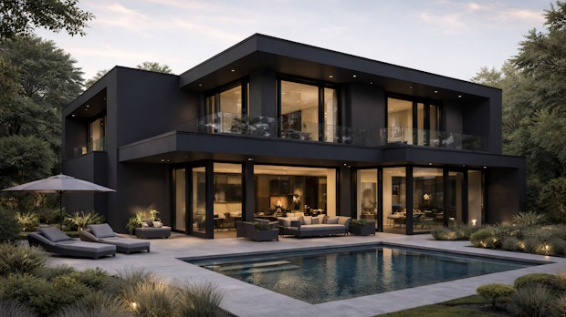 Visualisatie van een donkere gevel op gevelisolatie waarbij zoninstraling en thermische belasting een rol spelen.