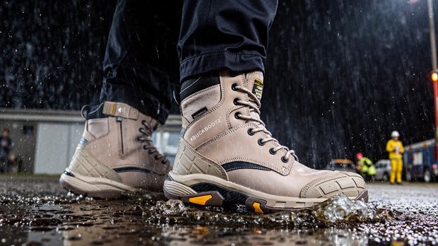 Waterdichte en robuuste veiligheidsschoenen in gebruik op natte bouwplaats.