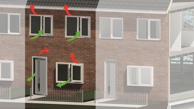 Visualisatie van luchtdicht bouwen in woning met luchtstromen en isolatieprincipes