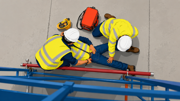 Three construction workers in high-visibility vests and helmets attend to an injured person lying on the concrete, preparing to immobilize the leg near a red pipe and blue railing edge nearby at a site.