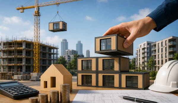 Person places a wooden modular block on model buildings at a construction site, with a crane, blueprint, coins, calculator, and a hard hat nearby.