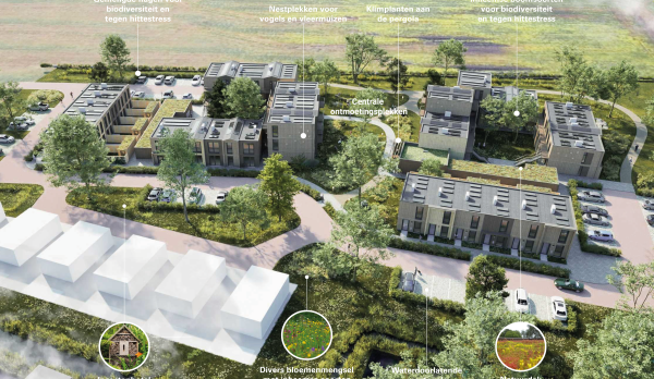 Aerial view of a modern housing complex with green courtyards, showing eco-features like insect hotel, flowering zones, nesting spots, central square, and water retention.
