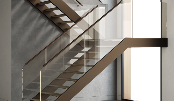 Modern interior staircase with glass balustrade and brown metal frame by a large window in a bright space (informative)